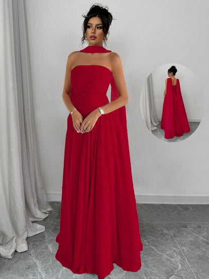 Elenzga 1pc Women Solid Color Halter Dress With Pleated Detail, Elegant Sleeveless Long Dress Maxi Women Outfit