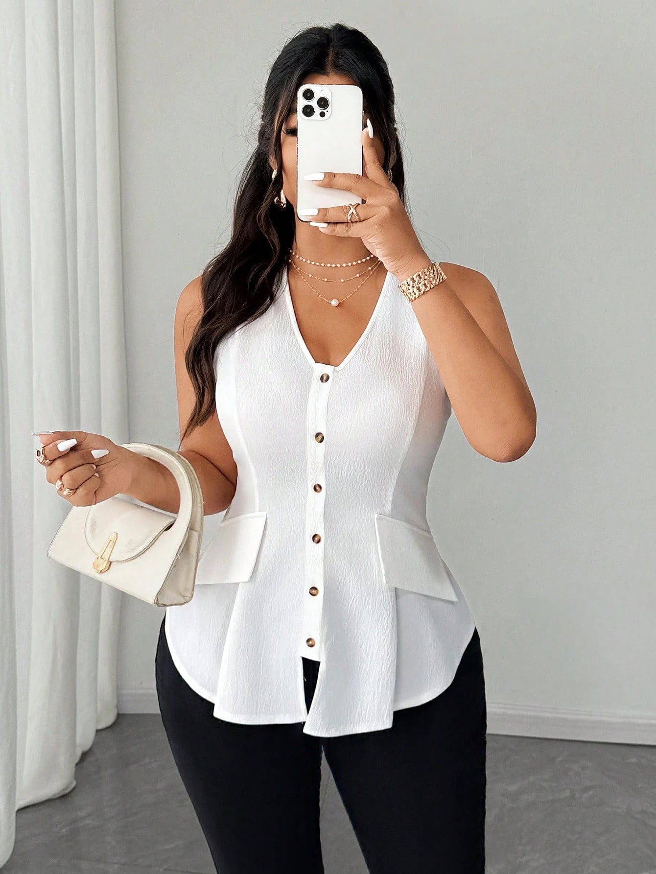 Elenzga 2025 New Plus Size Women's Elegant Fashion Daily Versatile V-Neck Open Front Pocket Decor Sleeveless Blouse, Spring/Summer