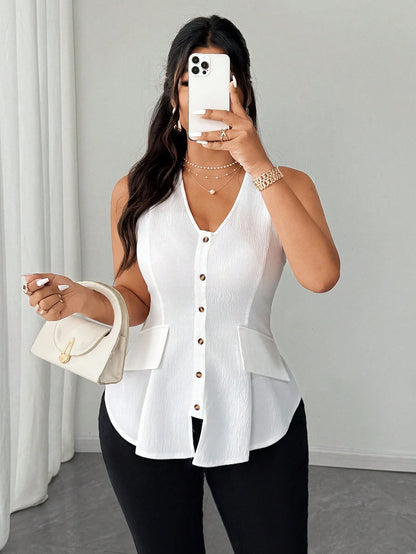 Elenzga 2025 New Plus Size Women's Elegant Fashion Daily Versatile V-Neck Open Front Pocket Decor Sleeveless Blouse, Spring/Summer