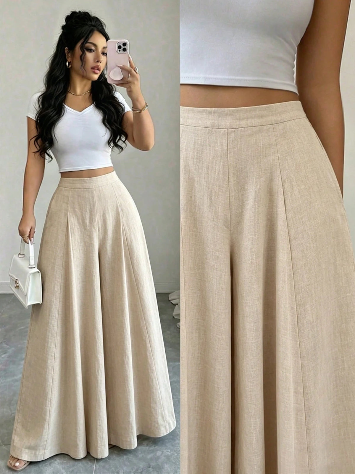 Elenzga Apricot Linen High Waist Wide Leg Pants Women Summer Design Flared Slimming Elegant Commute Casual Long Pants