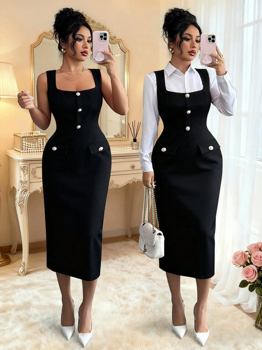 Elenzga Elegant French Style Black And White Pearl Button Textured Knit Dress,Autumn Square Neck Sleeveless Fitted Office Casual Wear For Women