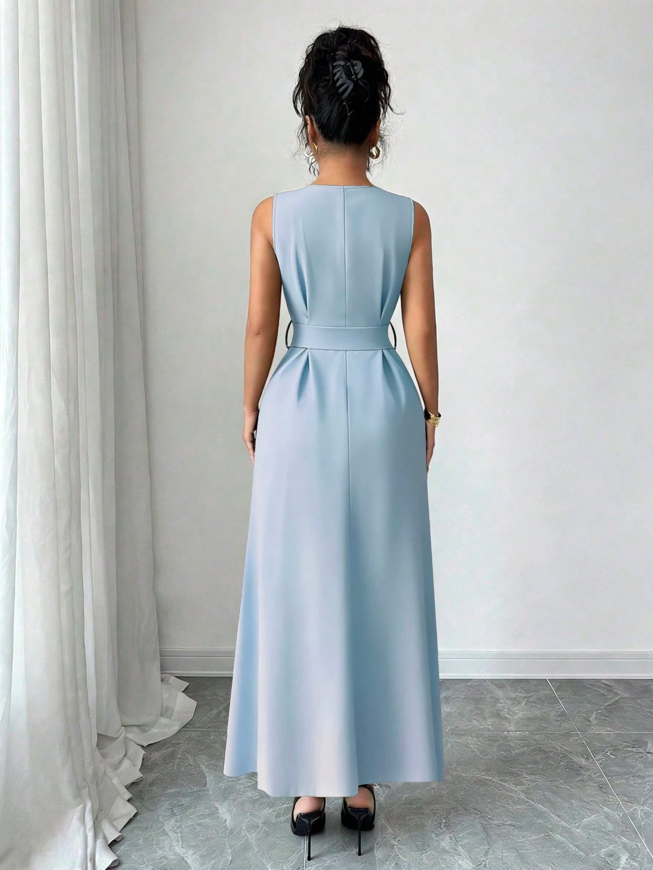 Elenzga New Women's Sleeveless V-Neck Woven Cardigan With Metal Ring Decor, Elegant Fitted Long Dress, Versatile