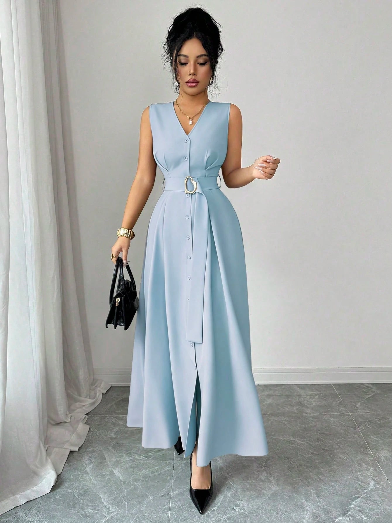 Elenzga New Women's Sleeveless V-Neck Woven Cardigan With Metal Ring Decor, Elegant Fitted Long Dress, Versatile