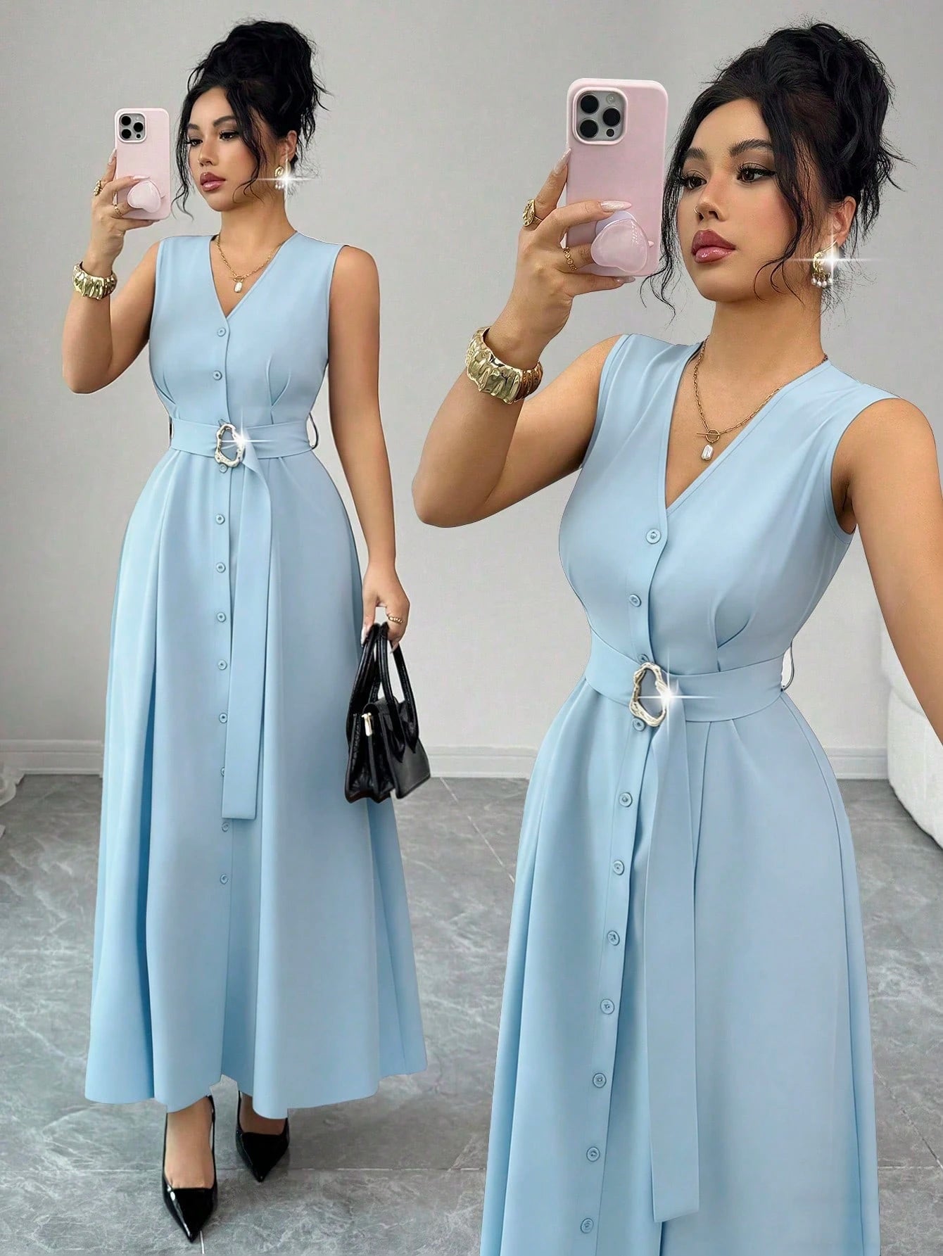 Elenzga New Women's Sleeveless V-Neck Woven Cardigan With Metal Ring Decor, Elegant Fitted Long Dress, Versatile