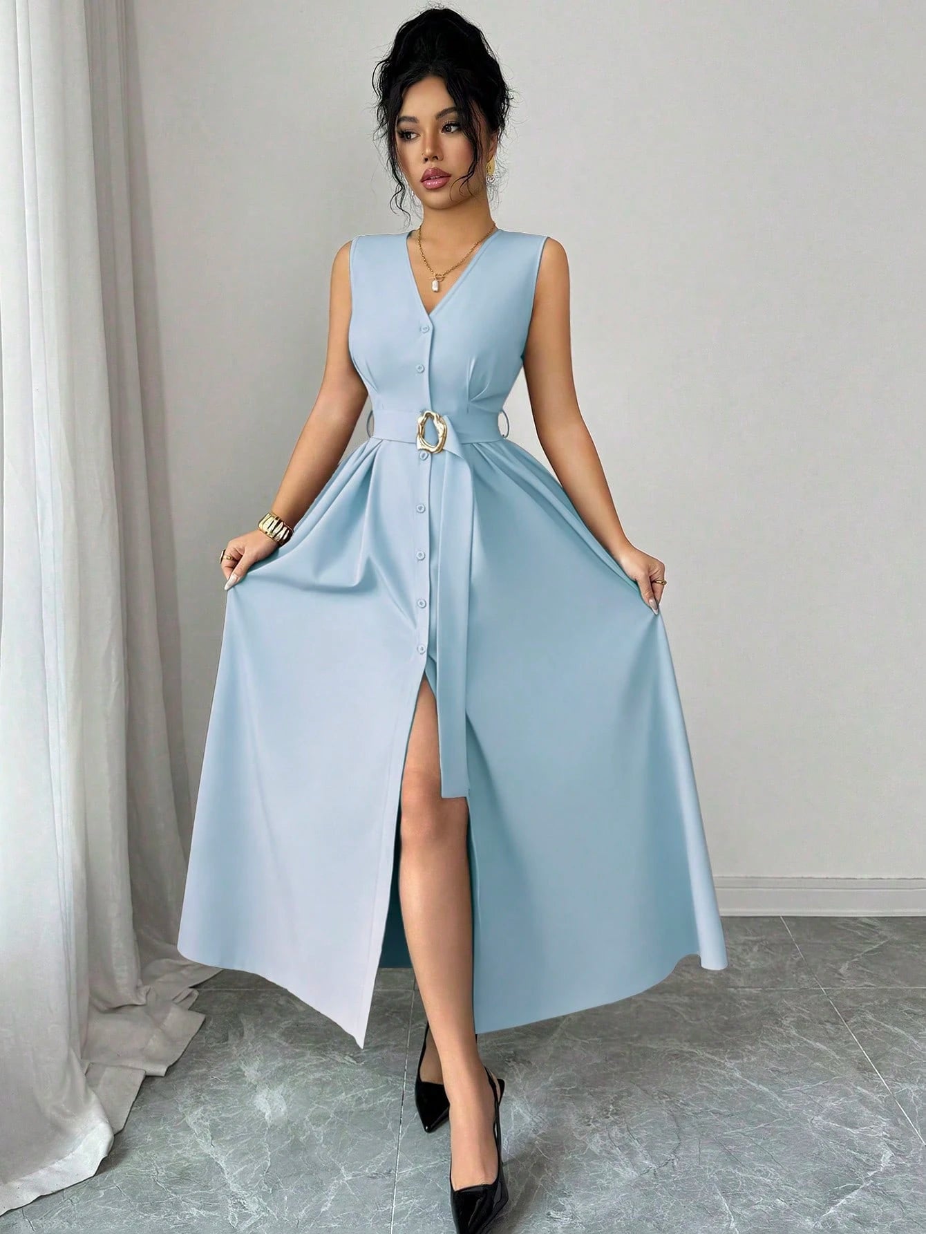 Elenzga New Women's Sleeveless V-Neck Woven Cardigan With Metal Ring Decor, Elegant Fitted Long Dress, Versatile