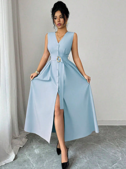 Elenzga New Women's Sleeveless V-Neck Woven Cardigan With Metal Ring Decor, Elegant Fitted Long Dress, Versatile
