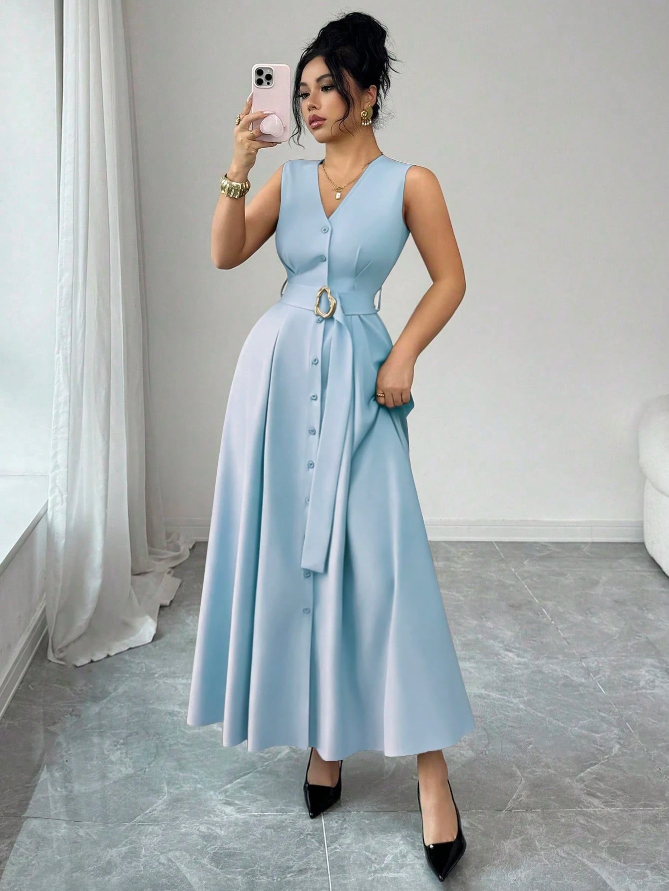 Elenzga New Women's Sleeveless V-Neck Woven Cardigan With Metal Ring Decor, Elegant Fitted Long Dress, Versatile