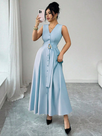 Elenzga New Women's Sleeveless V-Neck Woven Cardigan With Metal Ring Decor, Elegant Fitted Long Dress, Versatile