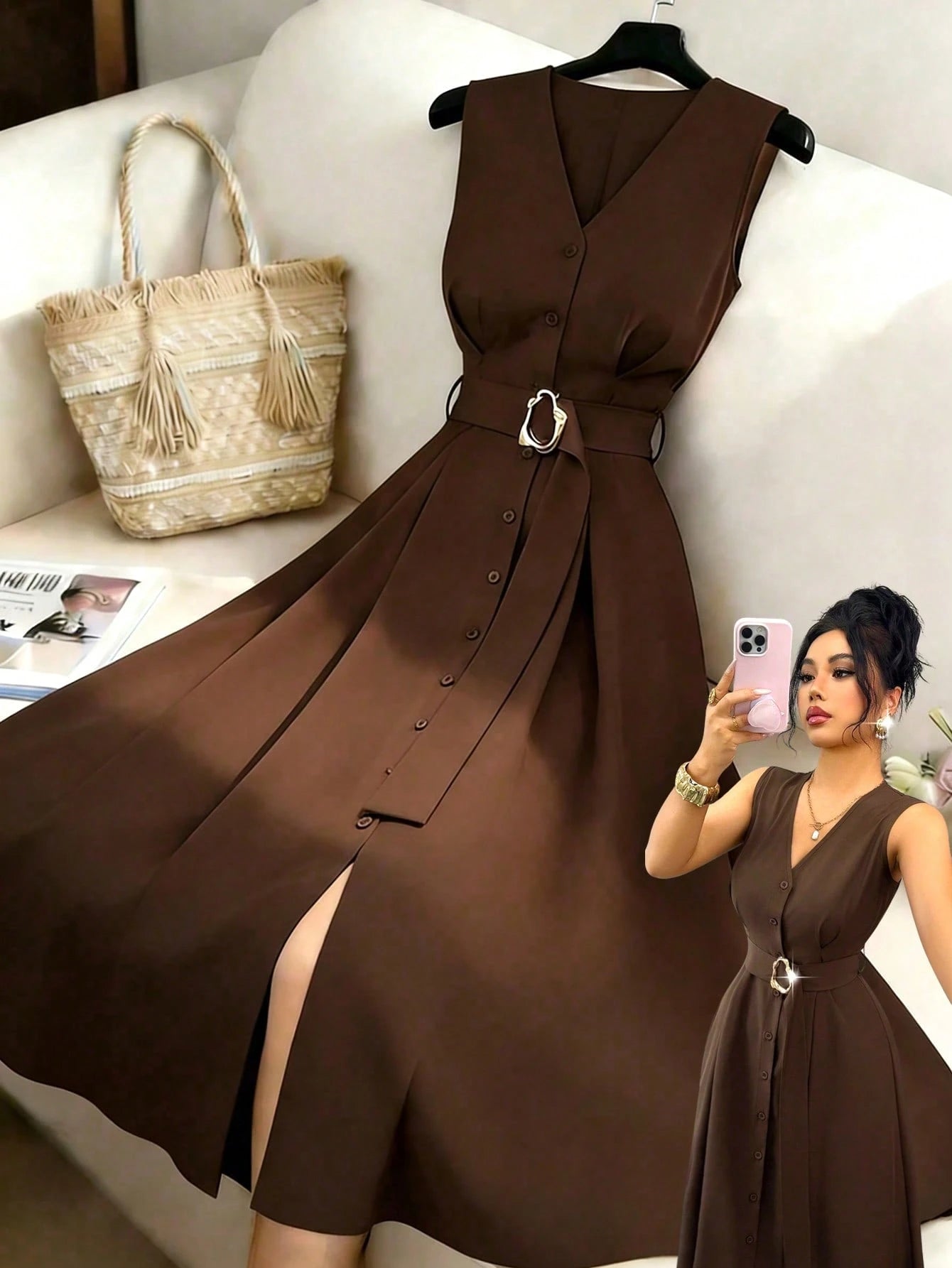 Elenzga New Women's Sleeveless V-Neck Woven Cardigan With Metal Ring Decor, Elegant Fitted Long Dress, Versatile