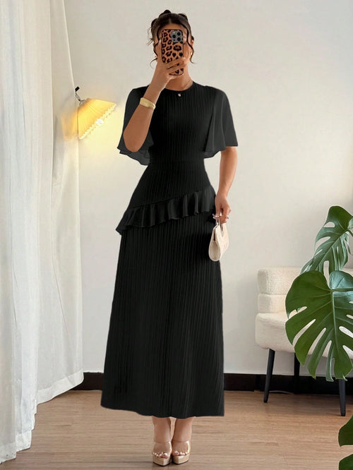 Elenzga New Women Textured Woven Fabric Round Neck Chiffon Patchwork Ruffle Sleeve Fitted Waist Elegant Slimming Long Dress For Dates