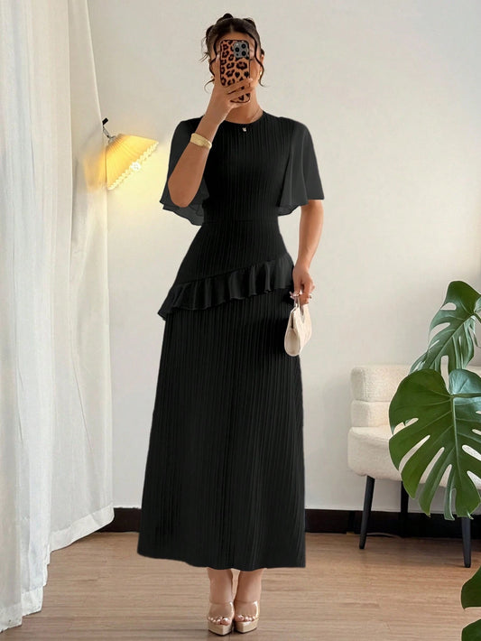 Elenzga New Women Textured Woven Fabric Round Neck Chiffon Patchwork Ruffle Sleeve Fitted Waist Elegant Slimming Long Dress For Dates