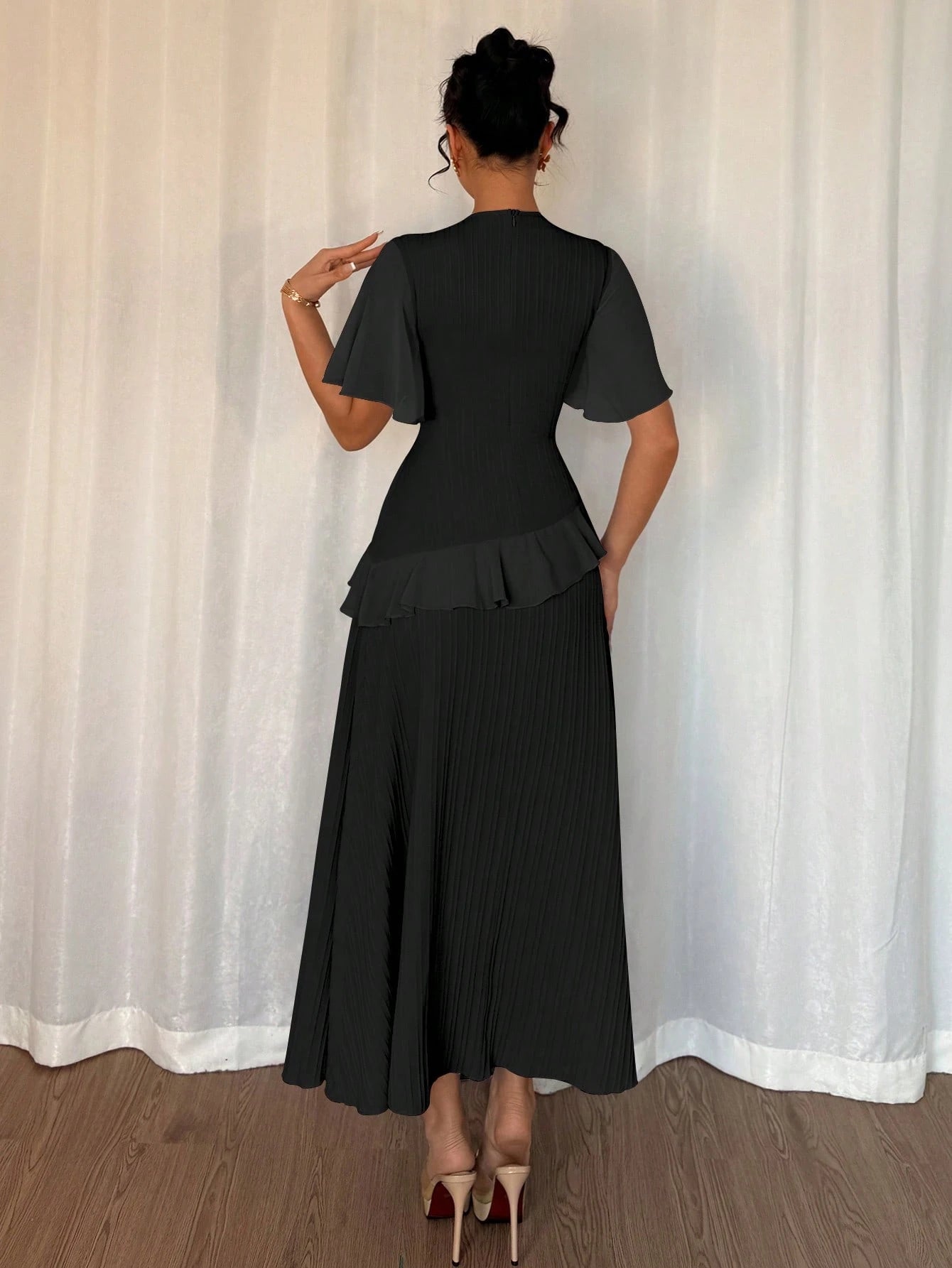 Elenzga New Women Textured Woven Fabric Round Neck Chiffon Patchwork Ruffle Sleeve Fitted Waist Elegant Slimming Long Dress For Dates