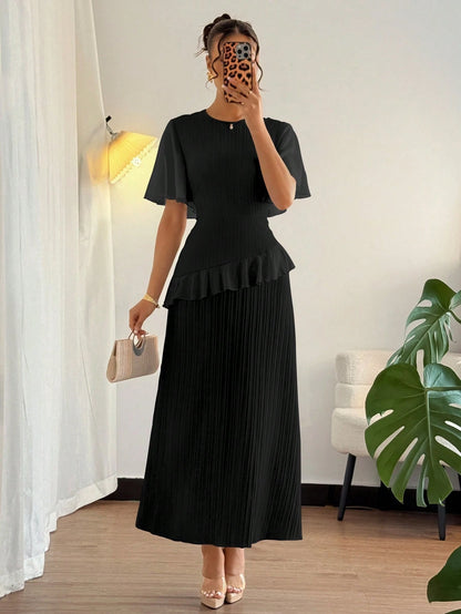 Elenzga New Women Textured Woven Fabric Round Neck Chiffon Patchwork Ruffle Sleeve Fitted Waist Elegant Slimming Long Dress For Dates