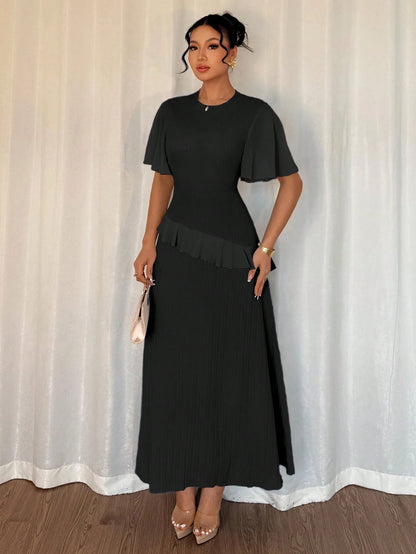 Elenzga New Women Textured Woven Fabric Round Neck Chiffon Patchwork Ruffle Sleeve Fitted Waist Elegant Slimming Long Dress For Dates