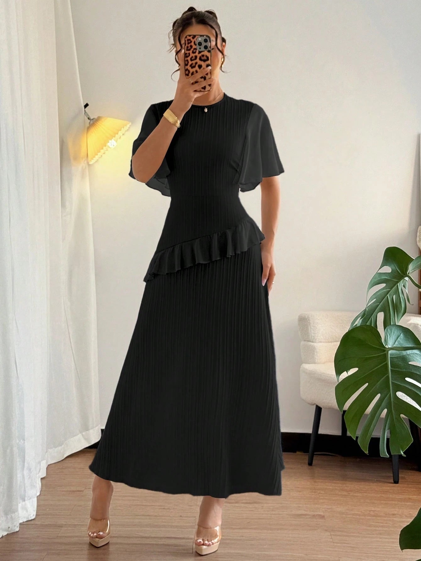 Elenzga New Women Textured Woven Fabric Round Neck Chiffon Patchwork Ruffle Sleeve Fitted Waist Elegant Slimming Long Dress For Dates