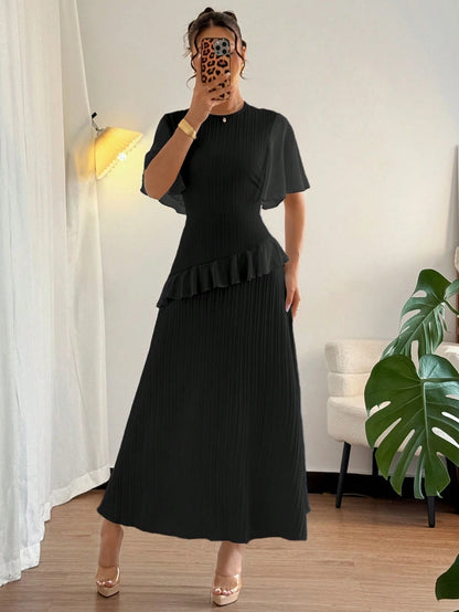 Elenzga New Women Textured Woven Fabric Round Neck Chiffon Patchwork Ruffle Sleeve Fitted Waist Elegant Slimming Long Dress For Dates
