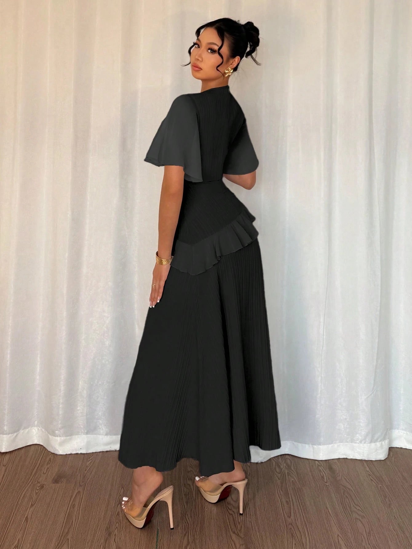 Elenzga New Women Textured Woven Fabric Round Neck Chiffon Patchwork Ruffle Sleeve Fitted Waist Elegant Slimming Long Dress For Dates