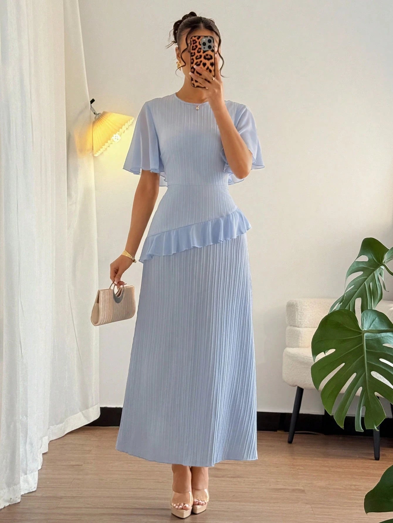 Elenzga New Women Textured Woven Fabric Round Neck Chiffon Patchwork Ruffle Sleeve Fitted Waist Elegant Slimming Long Dress For Dates