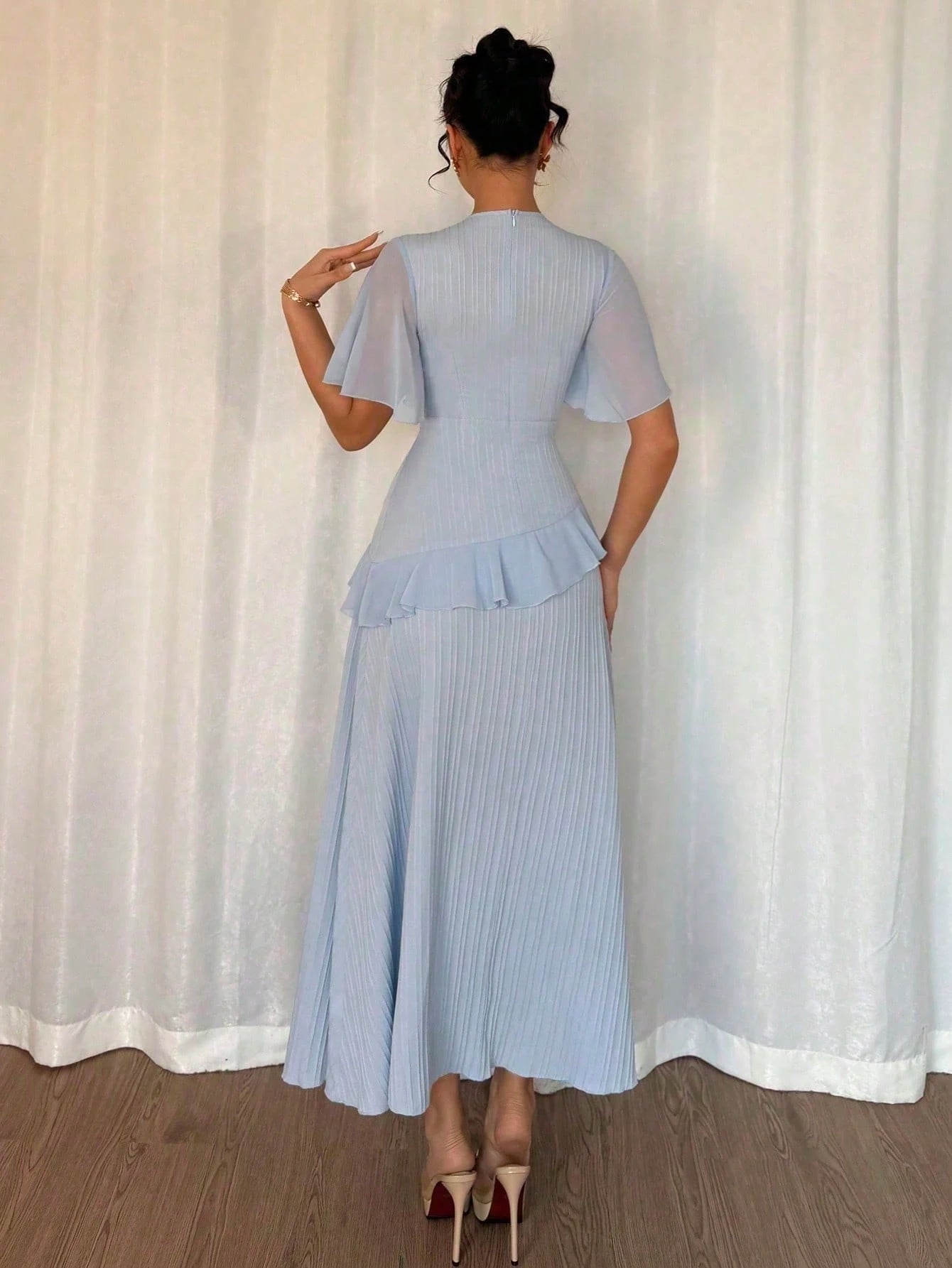 Elenzga New Women Textured Woven Fabric Round Neck Chiffon Patchwork Ruffle Sleeve Fitted Waist Elegant Slimming Long Dress For Dates