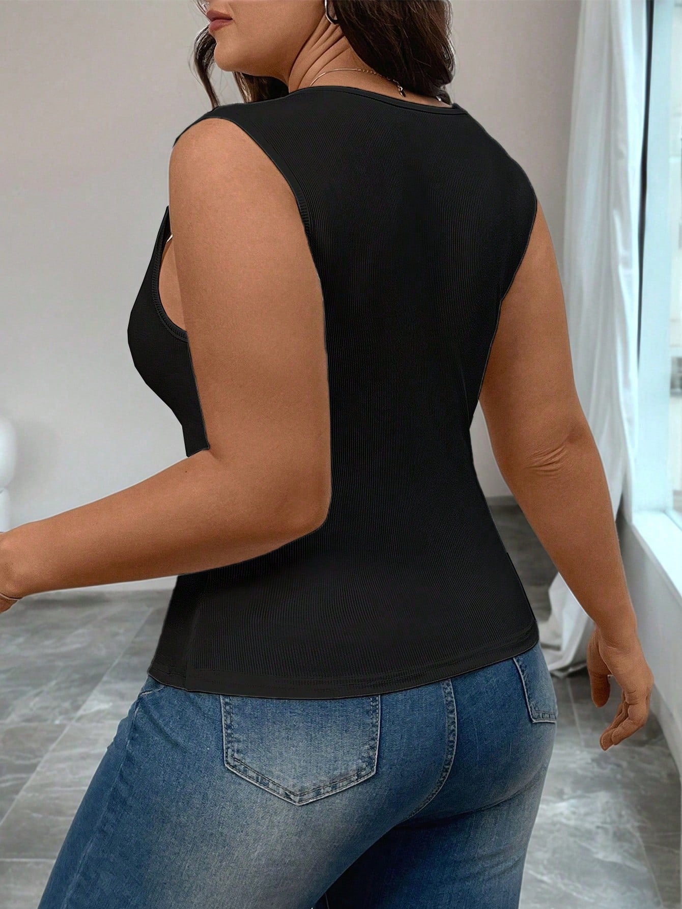 Elenzga Plus Size Black Summer Smart Casual Everyday Square Neck Knitted Tank Top,Waist-Cinched Sleeveless Slit Elegant Women Clothing Business Blouses