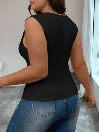 Elenzga Plus Size Black Summer Smart Casual Everyday Square Neck Knitted Tank Top,Waist-Cinched Sleeveless Slit Elegant Women Clothing Business Blouses