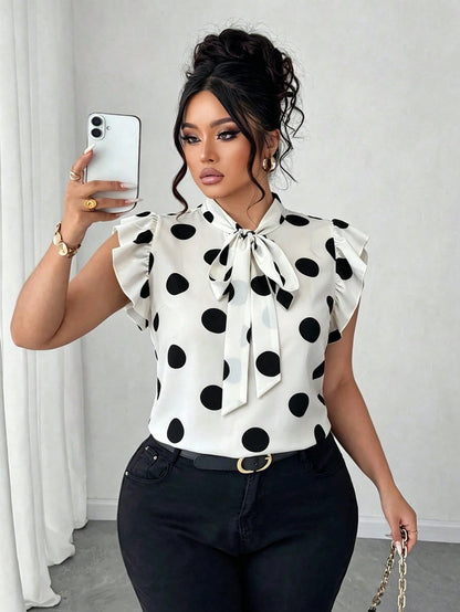 Elenzga Plus Size Casual Commuter Black & White Striped Short Flutter Sleeve Tie Design Collar Shirt