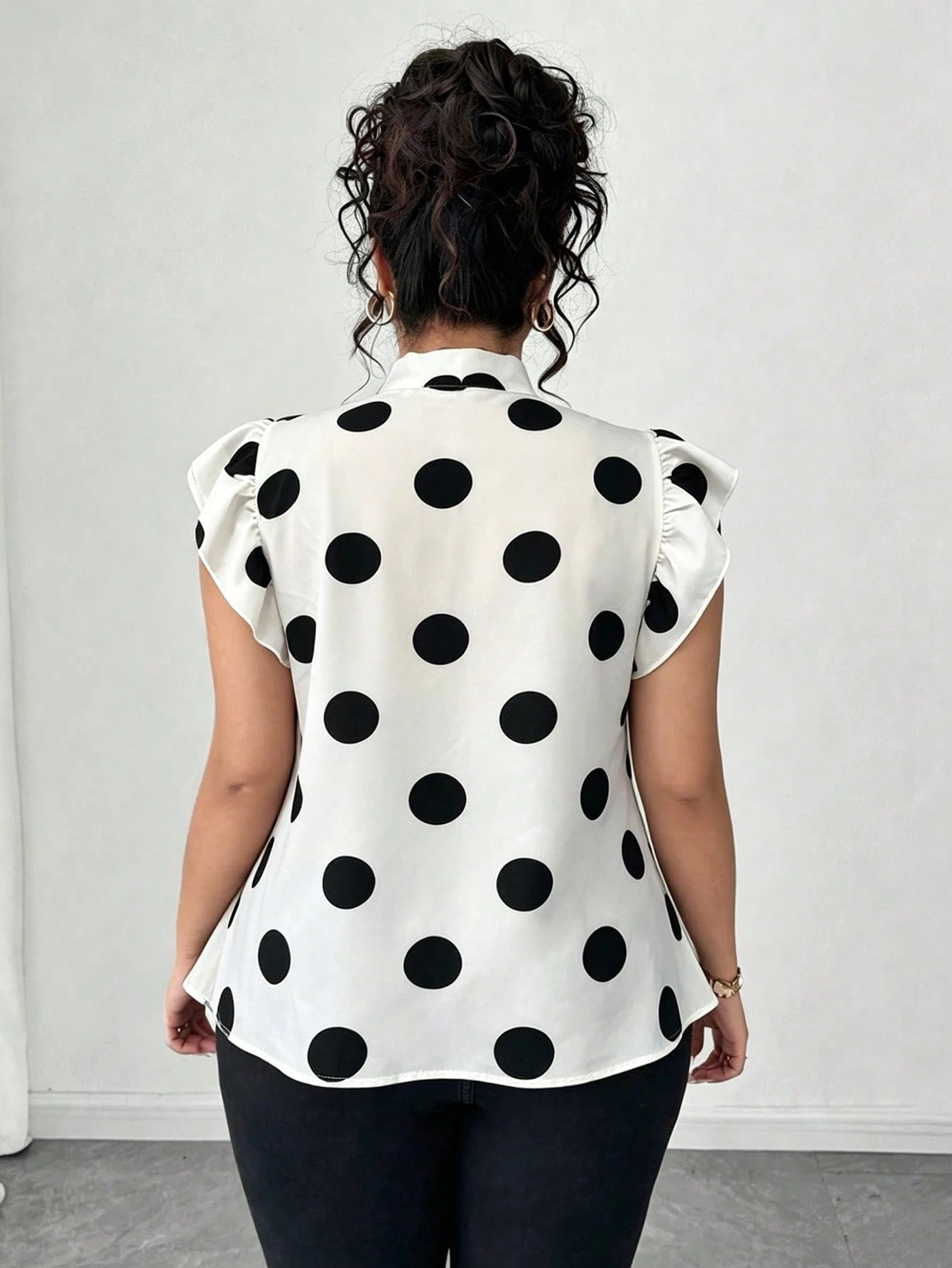 Elenzga Plus Size Casual Commuter Black & White Striped Short Flutter Sleeve Tie Design Collar Shirt