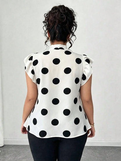 Elenzga Plus Size Casual Commuter Black & White Striped Short Flutter Sleeve Tie Design Collar Shirt