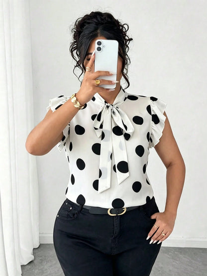 Elenzga Plus Size Casual Commuter Black & White Striped Short Flutter Sleeve Tie Design Collar Shirt