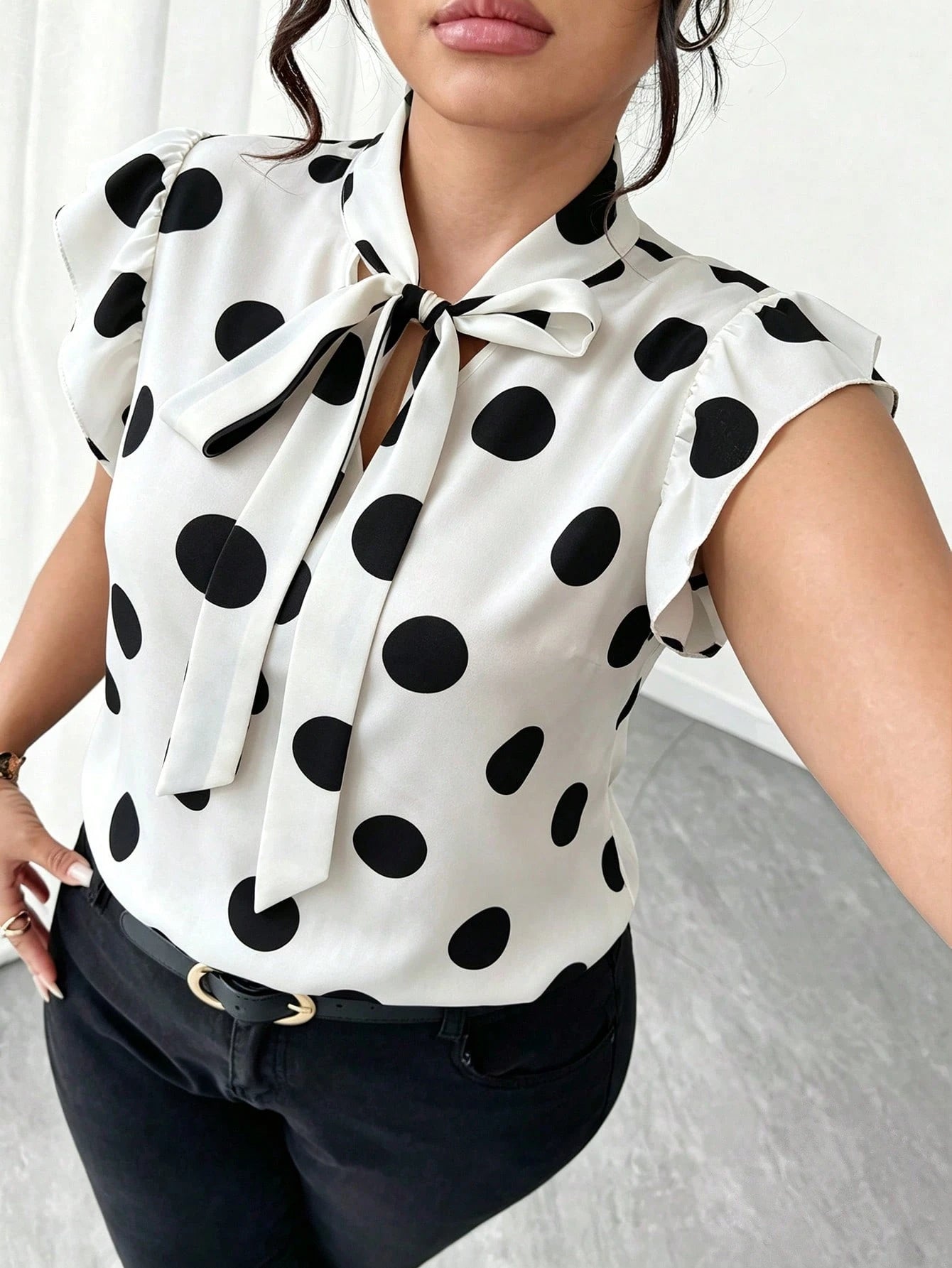 Elenzga Plus Size Casual Commuter Black & White Striped Short Flutter Sleeve Tie Design Collar Shirt