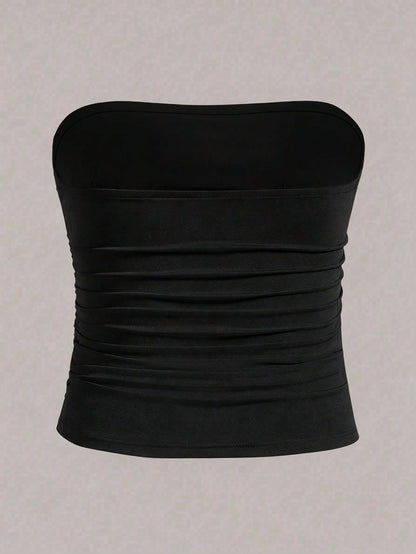 Elenzga Plus Size Women Casual Solid Color Fitted Tube Top, Summer
