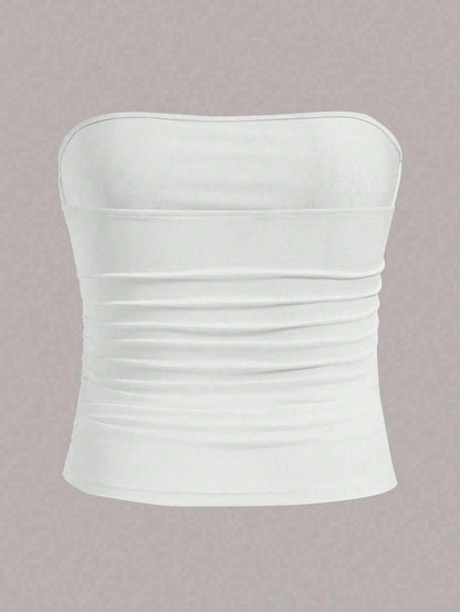 Elenzga Plus Size Women Casual Solid Color Fitted Tube Top, Summer