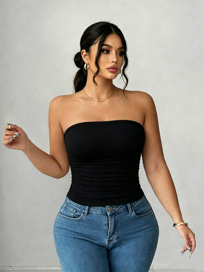 Elenzga Plus Size Women Casual Solid Color Fitted Tube Top, Summer