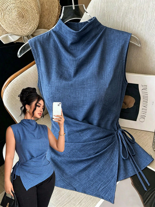 Elenzga Plus Size Women Cinched Waist Asymetrical Tops,Dark Blue,Summer,Elegant,Formal Casual Blue & White Striped Print V-Neck Sleeveless Clothes For Ladies