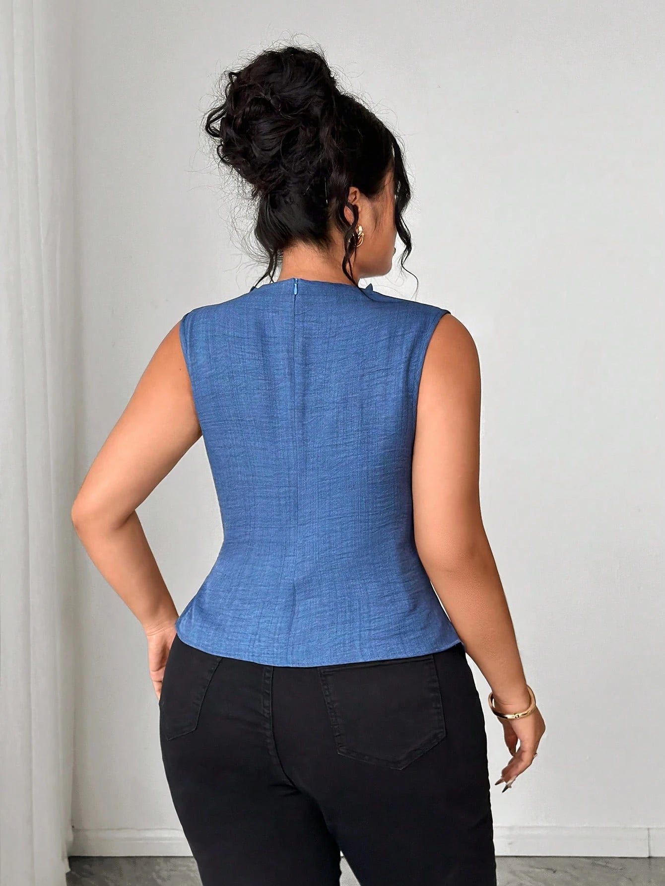Elenzga Plus Size Women Cinched Waist Asymetrical Tops,Dark Blue,Summer,Elegant,Formal Casual Blue & White Striped Print V-Neck Sleeveless Clothes For Ladies