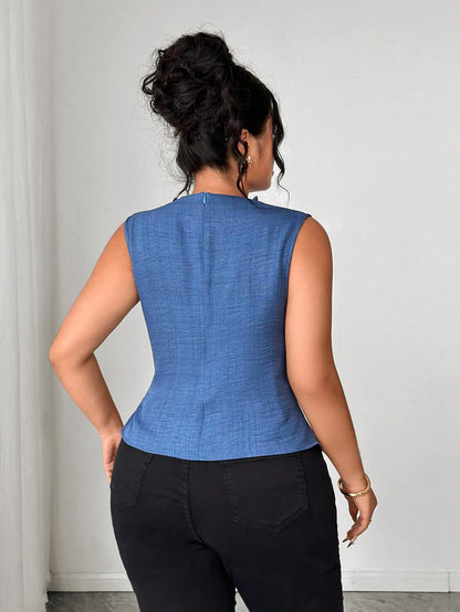 Elenzga Plus Size Women Cinched Waist Asymetrical Tops,Dark Blue,Summer,Elegant,Formal Casual Blue & White Striped Print V-Neck Sleeveless Clothes For Ladies
