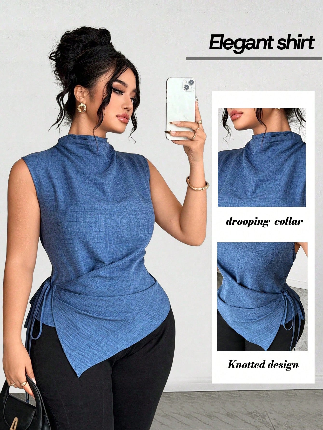 Elenzga Plus Size Women Cinched Waist Asymetrical Tops,Dark Blue,Summer,Elegant,Formal Casual Blue & White Striped Print V-Neck Sleeveless Clothes For Ladies