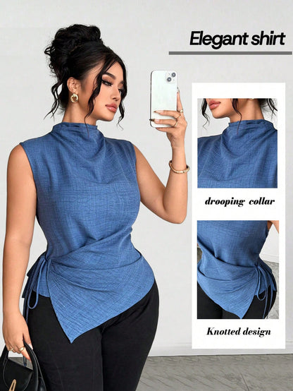 Elenzga Plus Size Women Cinched Waist Asymetrical Tops,Dark Blue,Summer,Elegant,Formal Casual Blue & White Striped Print V-Neck Sleeveless Clothes For Ladies