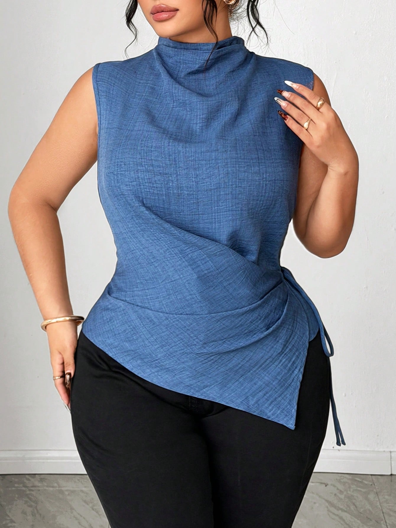 Elenzga Plus Size Women Cinched Waist Asymetrical Tops,Dark Blue,Summer,Elegant,Formal Casual Blue & White Striped Print V-Neck Sleeveless Clothes For Ladies