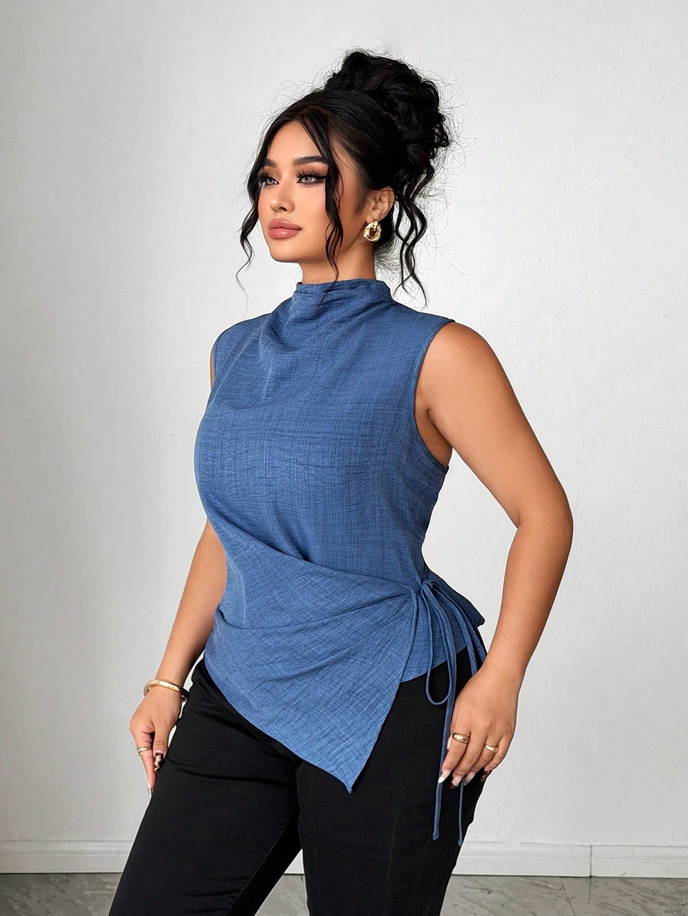 Elenzga Plus Size Women Cinched Waist Asymetrical Tops,Dark Blue,Summer,Elegant,Formal Casual Blue & White Striped Print V-Neck Sleeveless Clothes For Ladies