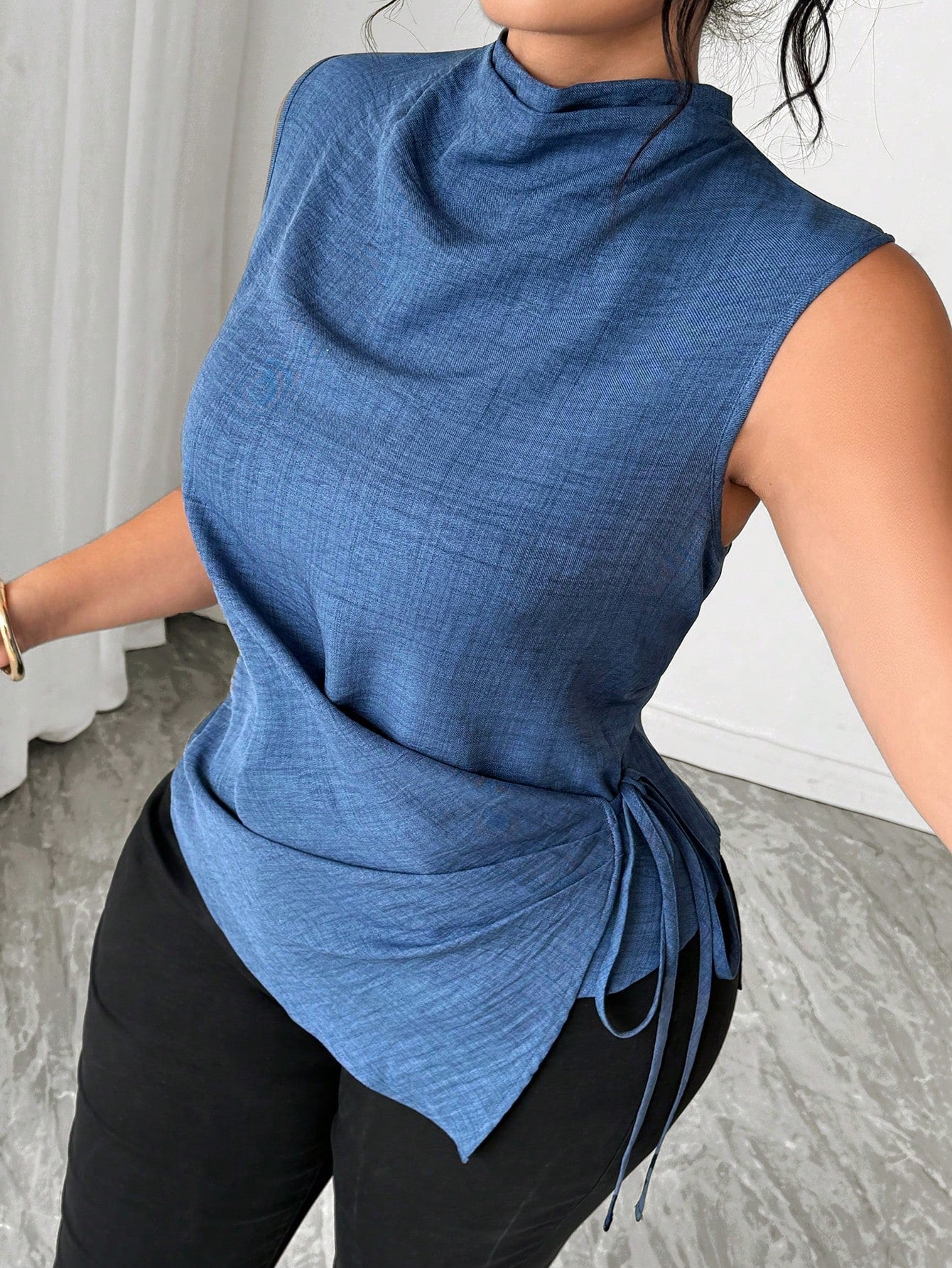 Elenzga Plus Size Women Cinched Waist Asymetrical Tops,Dark Blue,Summer,Elegant,Formal Casual Blue & White Striped Print V-Neck Sleeveless Clothes For Ladies