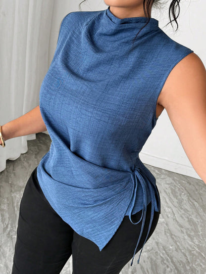 Elenzga Plus Size Women Cinched Waist Asymetrical Tops,Dark Blue,Summer,Elegant,Formal Casual Blue & White Striped Print V-Neck Sleeveless Clothes For Ladies