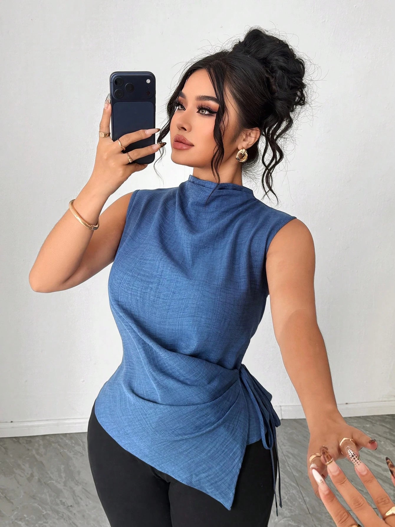 Elenzga Plus Size Women Cinched Waist Asymetrical Tops,Dark Blue,Summer,Elegant,Formal Casual Blue & White Striped Print V-Neck Sleeveless Clothes For Ladies