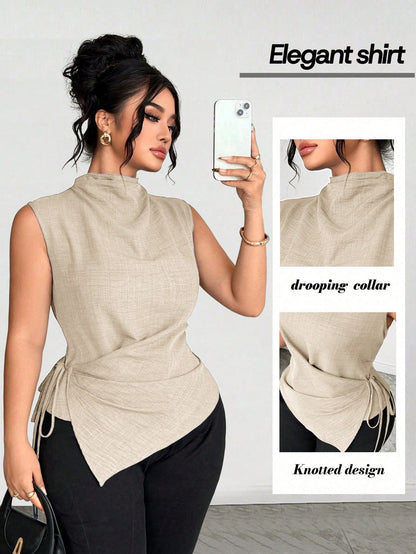 Elenzga Plus Size Women Cinched Waist Asymetrical Tops,Dark Blue,Summer,Elegant,Formal Casual Blue & White Striped Print V-Neck Sleeveless Clothes For Ladies