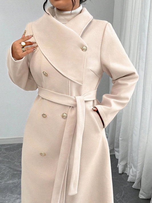 Elenzga Plus Size Women's Elegant Casual Formal Office Bussines Wedding Guest Autumn Woolen Coat, Rose Gold Double-Breasted Long Sleeve Tie Waist Trench