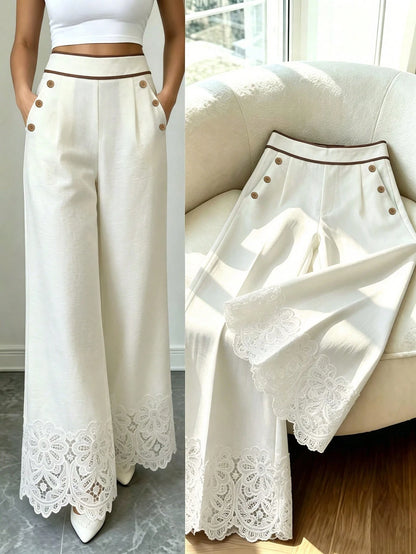Elenzga Women Beige High Waist Wide Leg Pants, Contrast Trim Lace Hem Decor Wooden Buttons Detail With Pockets, Elegant Casual Summer Trousers For Commute Vacation Party Outfits