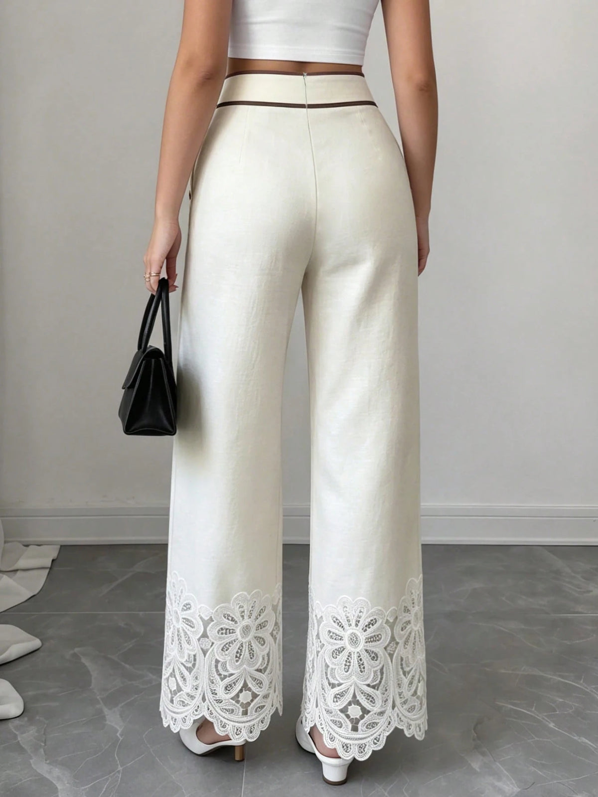 Elenzga Women Beige High Waist Wide Leg Pants, Contrast Trim Lace Hem Decor Wooden Buttons Detail With Pockets, Elegant Casual Summer Trousers For Commute Vacation Party Outfits