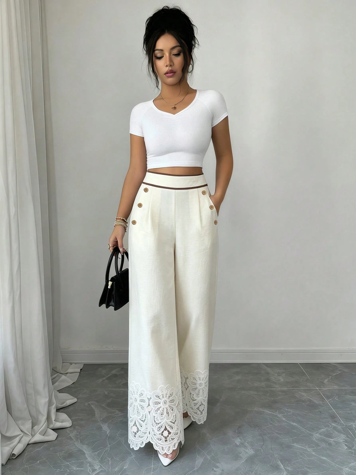 Elenzga Women Beige High Waist Wide Leg Pants, Contrast Trim Lace Hem Decor Wooden Buttons Detail With Pockets, Elegant Casual Summer Trousers For Commute Vacation Party Outfits