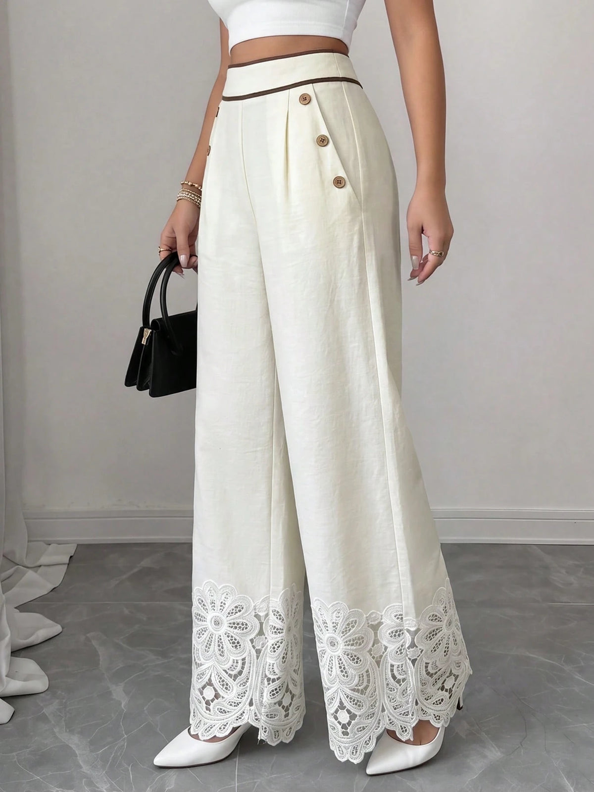 Elenzga Women Beige High Waist Wide Leg Pants, Contrast Trim Lace Hem Decor Wooden Buttons Detail With Pockets, Elegant Casual Summer Trousers For Commute Vacation Party Outfits