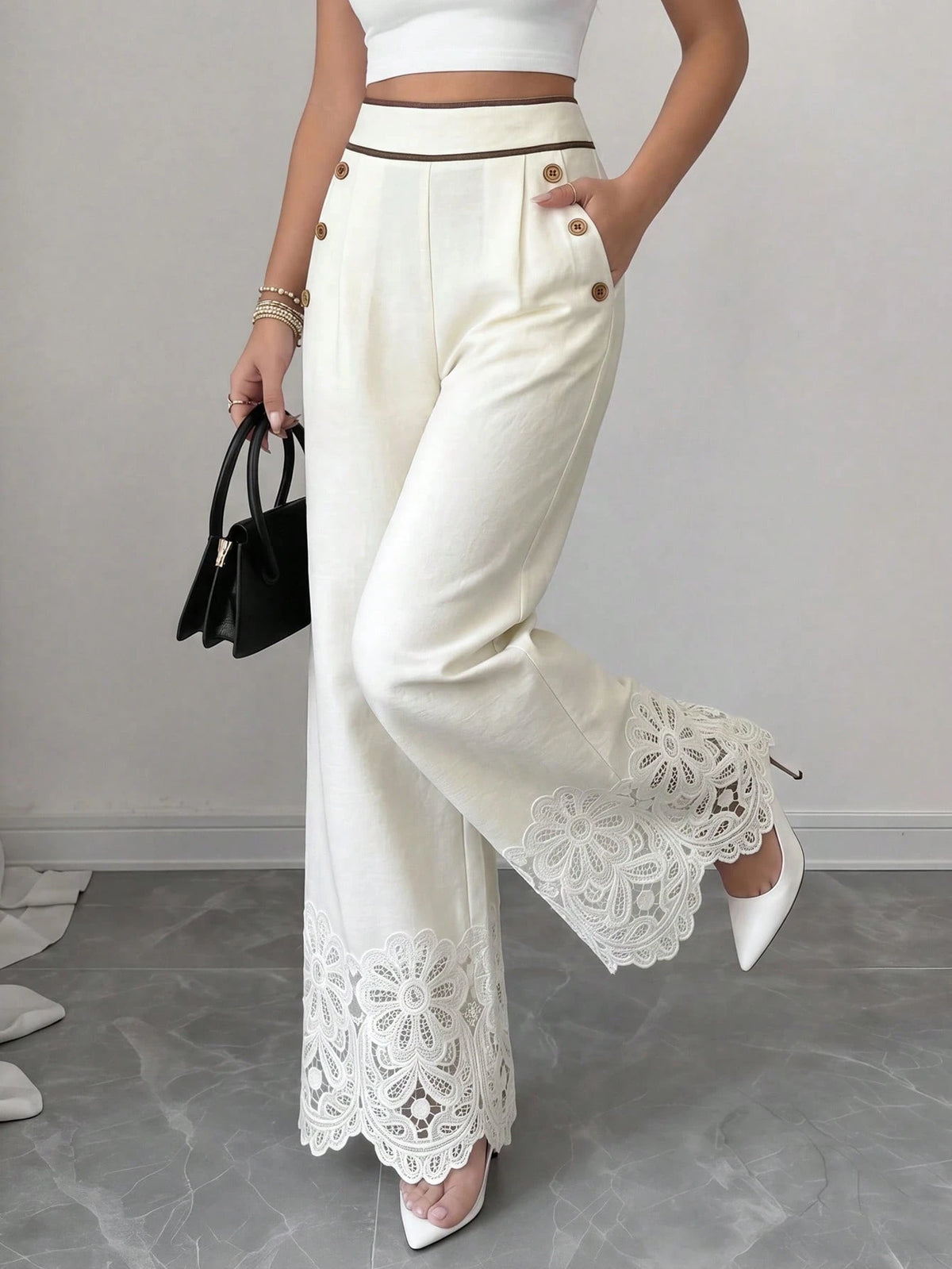 Elenzga Women Beige High Waist Wide Leg Pants, Contrast Trim Lace Hem Decor Wooden Buttons Detail With Pockets, Elegant Casual Summer Trousers For Commute Vacation Party Outfits